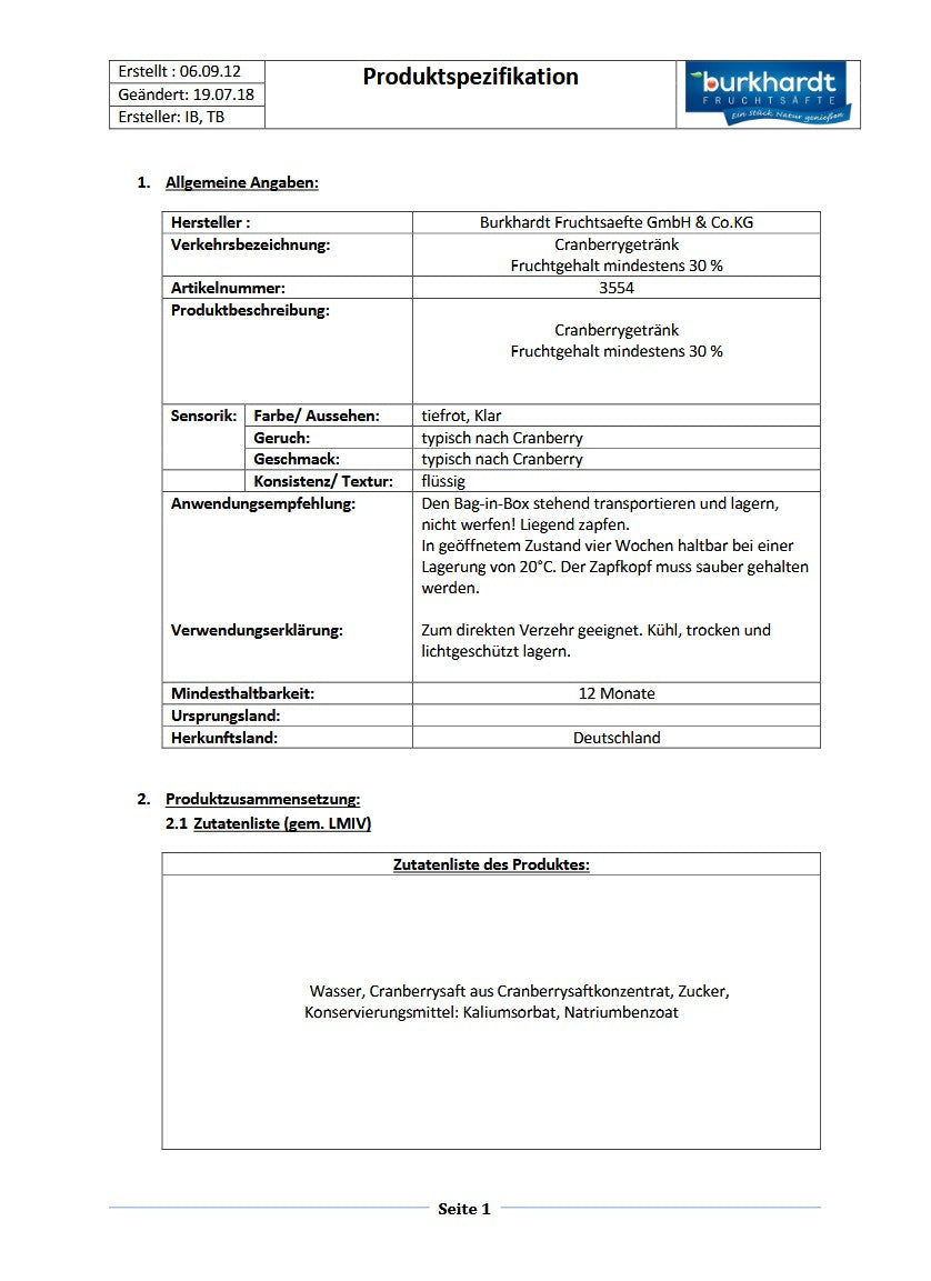 2 x Cranberrygetränk 10L BiB